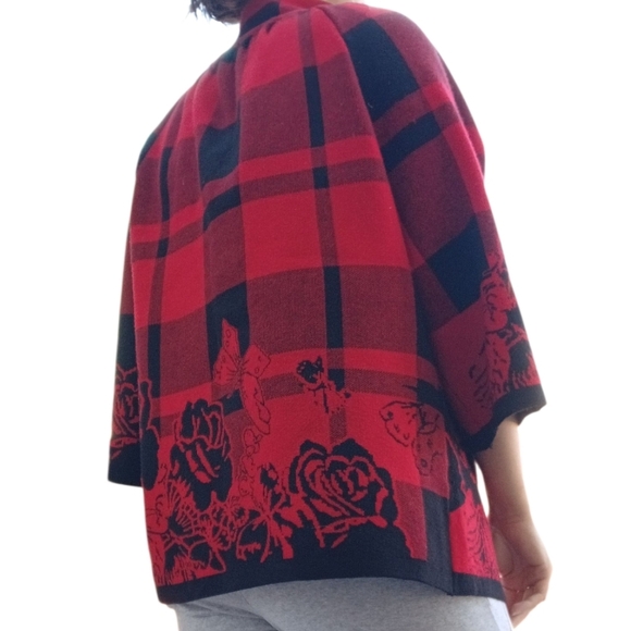 Vintage Plaid Floral Cape Jacket Red Black Size Medium Large - Picture 5 of 6